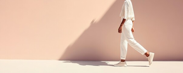 Person in white clothing walking, minimalistic style, shadow pla