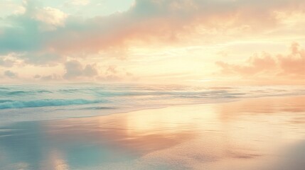 Obraz premium Tranquil Sunrise Bliss, a serene beach scene with gentle pastel hues illuminating the sky, beautifully mirrored in the calm waters, evoking peace and tranquility.