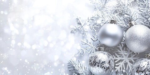 A luxurious silver Christmas background with sparkling snowflakes and shimmering metallic ornaments, creating a wintery, elegant feel.