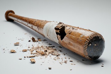 Obraz premium A cracked baseball bat lays on the ground. This sports equipment shows signs of wear and age. The broken surface tells a story of intense games. Generative AI