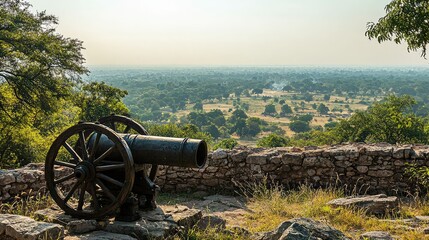Old Fortress Cannon on Stone Wall Overlooking Landscape