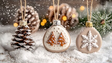 Christmas ornaments hanging over snow with pine cones and string lights glowing in the background