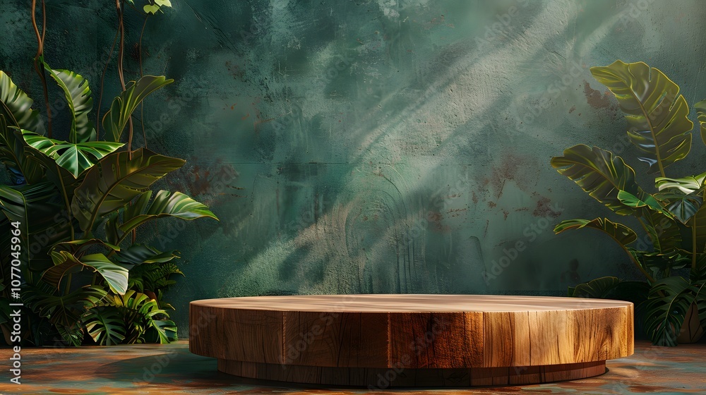 Poster Elegant Natural Display with Round Wooden Platform Surrounded by Lush Greenery and Artistic Textured Background for Creative Projects