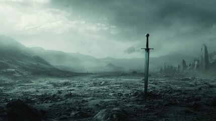 Obraz premium Lone Sword Stands in a Desolate Battlefield Landscape