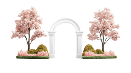 A picturesque white arch surrounded by blooming pink trees and lush greenery, set against a white background.