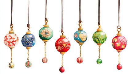 Colorful hanging ornaments on strings, isolated on white background.
