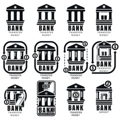 a set of black flat icons of the banks building. The concept of deposit and money transfer