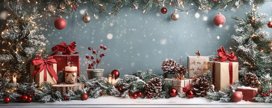 Christmas gifts and decorations creating a festive atmosphere under snowfall