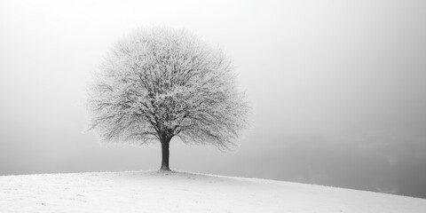 Fototapeta premium A solitary tree covered in a thick layer of white frost stands gracefully in a serene winter landscape, capturing the beauty and tranquility of nature's quiet moments