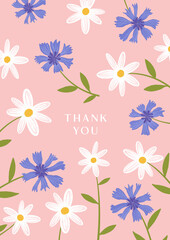 Cute cheerful thank you flowers bouquet card. Hand painting illustration for greeting card idea. Daisy flower on the pink background.