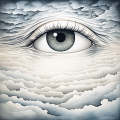 Big eye among clouds. Conceptual illustration.