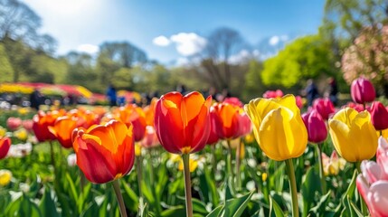 Fototapeta premium Vibrant Spring Tulip Fields, a picturesque landscape bursting with colorful blooms under bright skies, drawing visitors to experience the enchanting beauty of nature.