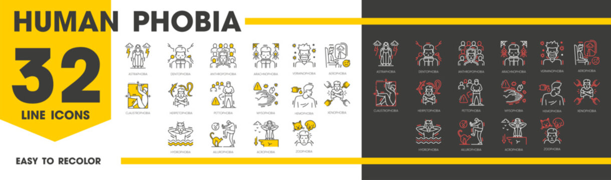 Human phobia line icons, mental health, psychology problems. Astraphobia, dentophobia, anthropophobia and arachnophobia. Verminophobia, aerophobia or claustrophobia, herpetophobia and pettophobia