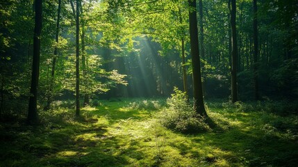 Obraz premium Vibrant summer forest with sunlight filtering through lush green foliage, creating a play of dappled shadows on the forest floor, embodying the essence of nature’s beauty