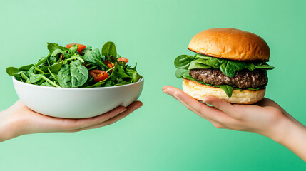 Comparison between bowl of spinach salad and burger, food choices and healthy living copy space background