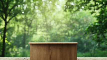 Naklejka premium A wooden podium stands still in a tranquil green forest, surrounded by lush trees and soft natural light.