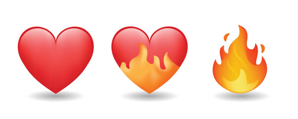 Heart on fire and fire flame emoji vector illustration set isolated on white background. 3d illustration.	