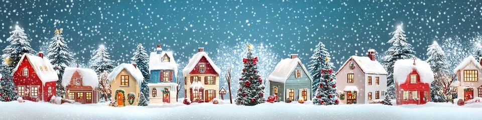 Snowy winter village scene with festive decorations
