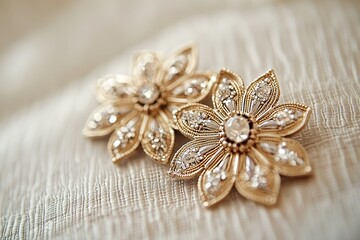 Fototapeta premium Golden floral earrings with sparkly gems on fabric