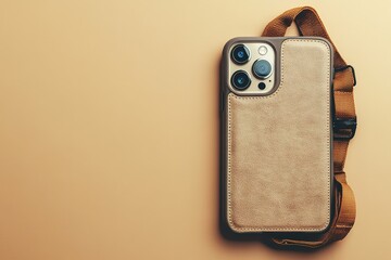 Beige phone case with strap on tan background.