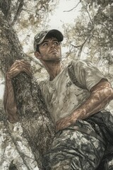 Obraz premium Climber Pruning Tree Branches in Comic Style Art