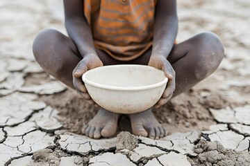 Child sitting in drought-affected land, holding a bowl – Highlighting the impact of climate change, water scarcity, and the struggles of affected communities
