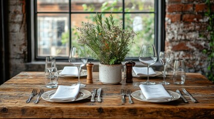 Obraz premium A rustic dining table elegantly set for four with fine silverware, wine glasses, and a charming floral centerpiece near a large window overlooking a brick wall