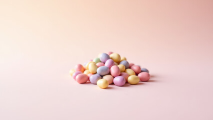 Obraz premium Colorful, dye-free hard candies with a matte finish on a soft pink background.
