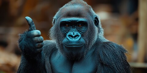 Obraz premium A majestic gorilla displaying a unique gesture of approval against a blurred natural background, capturing both its intelligence and expressive nature