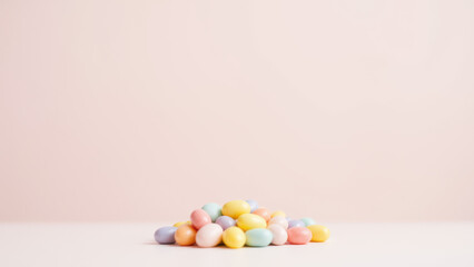 Obraz premium A small collection of multi-colored dye-free candies on a light pink background.