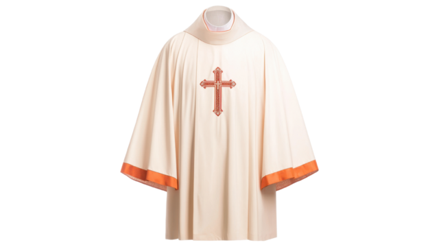 Clerical robe designed for religious ceremonies, featuring a cross emblem and elegant trim on a white isolated background.