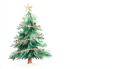 Fototapeta premium A festive Christmas tree adorned with ornaments and a star, set against a plain white background.