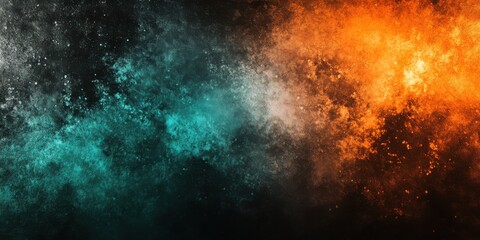 Fototapeta premium Colorful bursts of orange and teal powder fill the air, creating a stunning, ethereal atmosphere at an outdoor event during twilight. The playful hues mix and swirl, casting a magical glow.