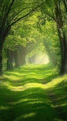 Fototapeta premium Serene Forest Path with Gentle Light and Minimalist Trees