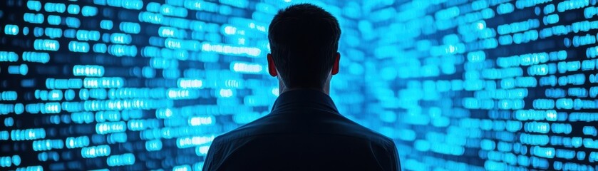 A silhouette of a person facing a digital backdrop composed of glowing blue binary code.