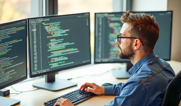 a programmer sits in front of three monitors and writes program code