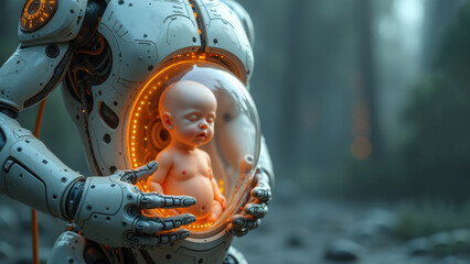 A close-up of a humanoid robot with a transparent abdomen and a baby inside, symbolizing futuristic technology and artificial gestation in a serene, natural environment