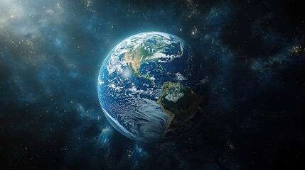 Obraz premium A photorealistic image of the Earth in space shows global connectivity, illustrating the importance of international cooperation in fighting climate change