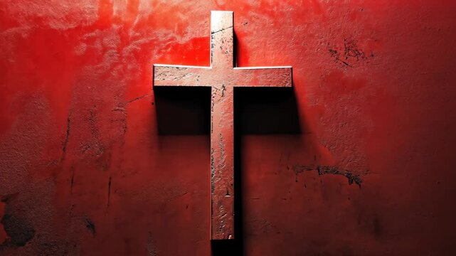 A metal cross is displayed on a red, textured wall