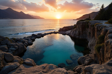 Obraz premium A serene cliffside view of a natural pool at sunset, with mountains in the background and calm ocean waters.