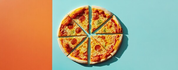 Split background with whole pizza casting shadow