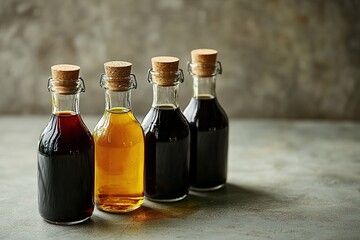 Four glass bottles with different kinds of vinegar.