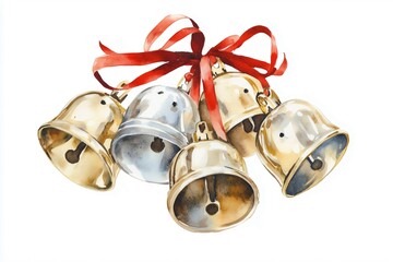 Watercolor illustration of silver and gold bells tied with a red ribbon on a white background