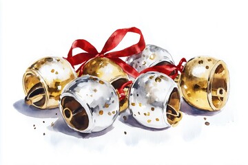 Watercolor illustration of silver and gold jingle bells with a red ribbon on a white background