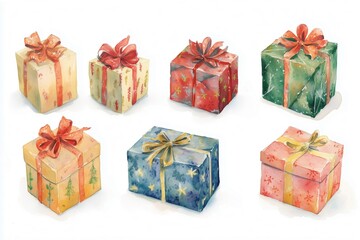 Obraz premium Watercolor illustration of seven Christmas gift boxes with festive patterns and colorful bows in red, green, yellow, and blue on a white background