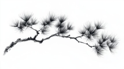 Pine branch silhouette with delicate needles, white isolated background.