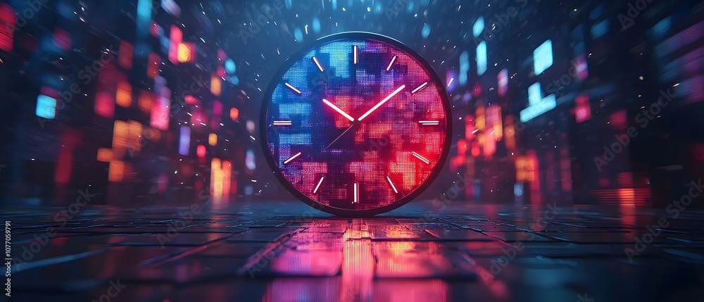 Poster futuristic clock concept in a neon environment with reflections and vibrant lights illustrating the 