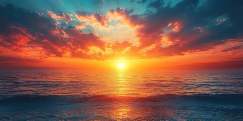 Fototapeta premium A breathtaking sunset over the vast ocean with the sky adorned in vibrant hues of orange, pink, and blue, creating a mesmerizing and serene seascape