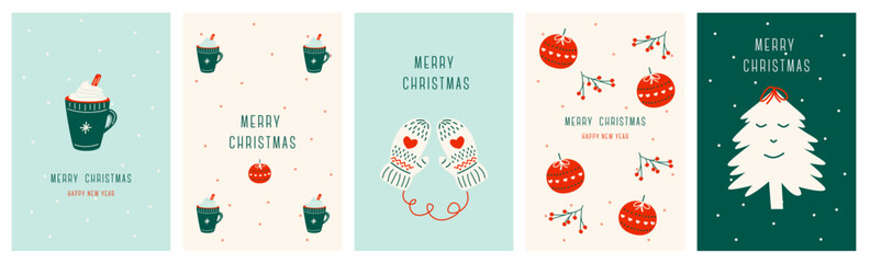 Set Christmas cards with Christmas ball, mug, tree, christmas elements. Vector illustrations