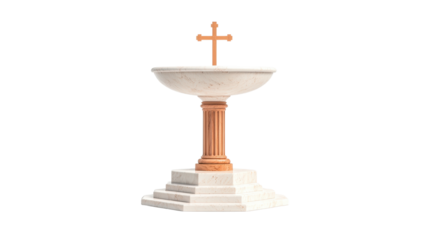 Marble baptismal font with wooden cross on isolated background.